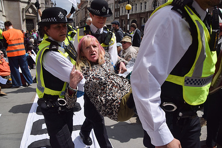 Police officers arrest a protester who was holding a placard stating ‘Saving lives is not terrorism, I support Palestine Action’ during a demonstration outside the Royal Courts of Justice. The ban on activist group Palestine Action was ruled as lawful by the Court of Appeal. Judges have overturned a previous ruling that the ban on the group was wrong.