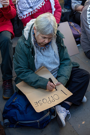 A Defend our Juries activist holds up a pro Palestine Action placard during a demonstration. Defend Our Juries continue the protest outside the Royal Courts of Justice in London. The activist group calls for the de-prescription of 'Palestine Action' as a terrorist organisation. Individuals held handwritten signs saying, “I support Palestine Action.” Activists were arrested and detained under the 2000 Terrorism Act.