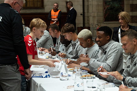 The players of F.C. Copenhagen sign autographs during a celebration of F.C. Copenhagen at Copenhagen City Hall. F.C. Copenhagen are celebrated for their 16th Danish championship at a ceremony at Copenhagen City Hall.