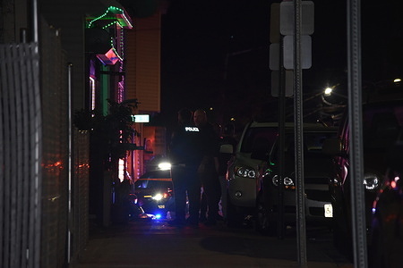 Investigators converge at the crime scene attempting to gather any clues that they can find. Shooting on East Main Street in Paterson, New Jersey, United States on May 6, 2023. One person was pronounced dead after being shot on East Main Street in Paterson, New Jersey early Saturday morning. Police were on scene throughout Saturday morning investigating the shooting.