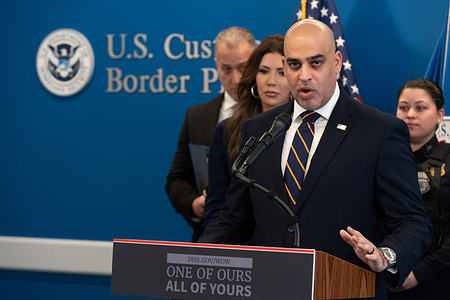 Ricky Patel, Special Agent In Charge of the New York Field Office of Homeland Security Investigations, speaks during a press conference on immigration operations at the DHS New York Field Office in One World Trade Center. Noem’s press conference comes after an ICE officer shot and killed a 37 year old woman in Minneapolis.
