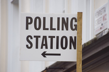 A Polling Station sign is seen in Central London ahead of the local council elections, taking place on the 7th of May.