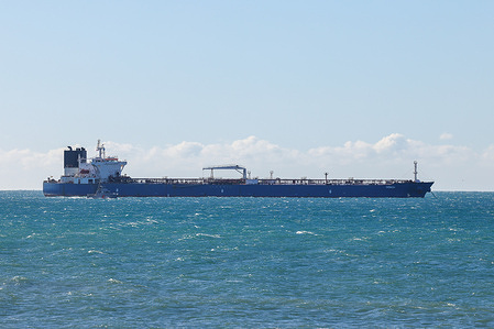 View of the oil tanker "Grinch" in the Gulf of Fos near Marseille. The oil tanker "Grinch", suspected of belonging to the Russian clandestine fleet, was boarded by the French Navy and escorted to the Gulf of Fos, near the oil terminal of the port of Marseille-Fos.