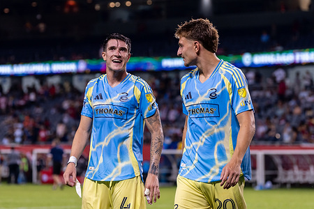 Philadelphia Union Midfielder Jovan Lukic (4) and Bruno Damiani (20) seen in action during the match between Chicago Fire and Philadelphia Union at Solider Field. Final Score: Chicago Fire 0-1 Philadelphia Union.