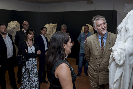 Minister of Culture Alessandro Giuli (R) visits the museum in the Archeological Park of Scolacium. The Minister of Culture Alessandro Giuli visited the Politeama Theater, the Michele Traversa Biodiversity park and the Scolacium archaeological park.