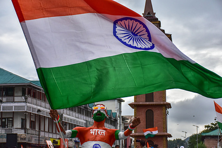 A non-local holds an Indian flag during the 79th Independence day celebration. The administration celebrated Independence day across the Kashmir valley amid heightened security arrangements.