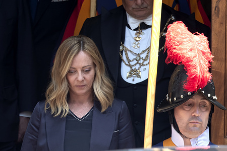 Italian Prime Minister Giorgia Meloni leaves after the private audience with Pope Leo XIV.