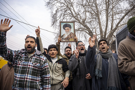 Kashmiri Shia protesters shout pro-Iran and anti-America slogans during a protest in Budgam. Rallies were organised at multiple locations across Kashmir on Friday to express solidarity with Iran and its Supreme Leader, Ayatollah Syed Ali Khamenei, and to oppose remarks by the United States and Israel against the Islamic Republic of Iran and its leadership, amid heightened tensions surrounding recent developments in the country.