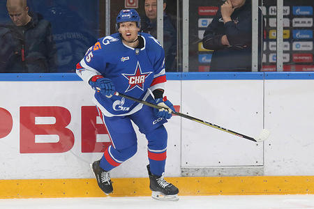 Nikita Dishkovsky of SKA Hockey Club is seen in action during the Hockey friendly match between SKA Saint Petersburg and Avangard Omsk at the Multifunctional sports complex "Hockey city of SKA". Final score; SKA Saint Petersburg 3:5 Avangard Omsk