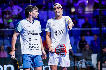 Juan Lebron (R) of Spain and Franco Stupaczuk (L) of Argentina seen during Milano Premiere Padel P1 match between David Gala of Spain, Alex Chozas of Argentina Vs Franco Stupaczuk of Argentina and Juan Lebron of Spain at Allianz Cloud Arena. Final score 7 : 6, 6 : 7, 7 : 6 by Juan Lebron and Ale Galan
