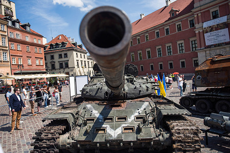 A destroyed Russian tank T-72B is seen at Warsaw's Old Town. Polish and Ukrainian officials open an outdoor exhibition at Warsaw's Old Town of destroyed and burned out Russian tanks captured by the Ukrainians during the war. Officially named "For our freedom and yours" the exhibition is intended to show the horror of war and Ukraineís heroic defense. It is to be later shown in other European capitals like Berlin or Paris.