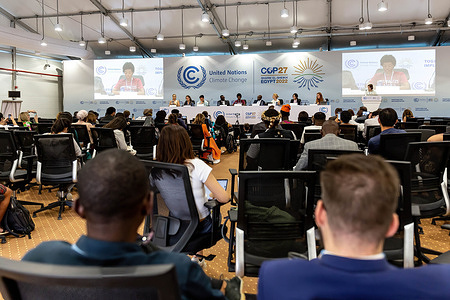 Participants meet on a discussion panel on the fifth day of the COP27 UN Climate Change Conference, held by UNFCCC in Sharm El-Sheikh International Convention Center. COP27 is running from November 6 to November 18 in Sharm El Sheikh and focuses on the implementation of measures already agreed on during the previous COPs. The Conference also focuses on the most vulnerable communities as the climate crisis hardens life conditions of those already most disadvantaged.