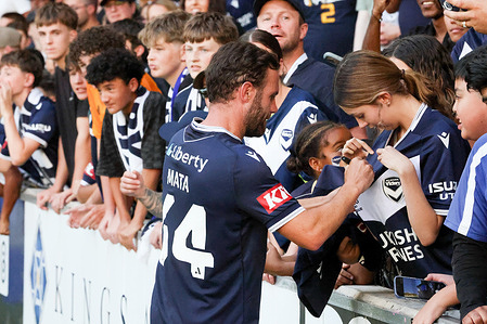 Juan Mata of Melbourne Victory seen with fans after the round 14 of the A-League Men match between Melbourne Victory and Sydney FC at AAMI Park. Result was 4-0 to Melbourne Victory