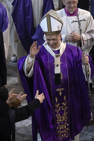 Pope Leo XIV leaves at the end of the mass celebrated during his visit to the parish of the Ascension of Our Lord Jesus Christ in Quarticciolo, a neighborhood in the eastern outskirts.