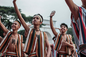 Marikina Sports Center,Marikina,NCR,Philippines, Marikina, NCR, Philippines - 11/12/2017: College students waved their hands at their classmates who supported them all the way.The Biggest Annual Philippine Rehiyon-Rehiyon Festival was once again celebrated this month with the theme “Unity In Diversity” which the main goal is to unite all individuals coming from different region in the nation. The festival showcases the diverse culture and attitudes of Filipinos around the country to bond as one in a big dance celebration. It serves as a tribute to local groups/community who came from other regions of the country and choose to stay and settle in the city.