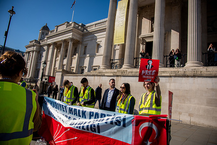 CHP supporters rally in Trafalgar Square with a large banner marking anniversary of İmamoğlu arrest People protest the unjustified arrest of Mayor Ekrem İmamoğlu. He is the opposition's most popular candidate in the next presidential election and his arrest violated the right of millions of voters and was the breaking point for Turkish citizens in Türkiye and the wider diaspora.