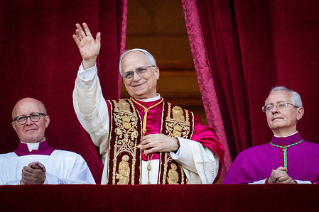 Newly elected Pope Leo XIV (Robert Francis Prevost) appears on the balcony of St. Peter's Basilica in Vatican City.