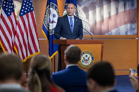 House Minority Leader Hakeem Jeffries (D-NY) speaks at a press conference. Leader Jeffries held a press conference as the Senate moved forward on government funding, as the government shutdown continues into a 41st day.