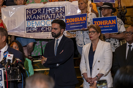 Zohran Mamdani, Democratic nominee for New York City mayor, speaks at Congressman Adriano Espaillat endorsement event of Zohran Mamdani for mayor of New York City at United Palace Theater in New York City.