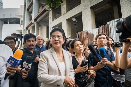 Pheu Thai Party leader and candidate for Prime Minister Sudarat Keyuraphan seen speaking to the media after casting her ballot in a polling station.
Thailand is hosting its first general election in 8 years.