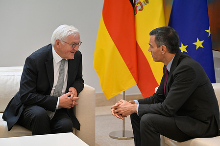 Spanish Prime Minister, Pedro Sánchez (L), and the President of the Federal Republic of Germany, Frank-Walter Steinmeier (R) speak during his official visit at the Moncloa Palace.