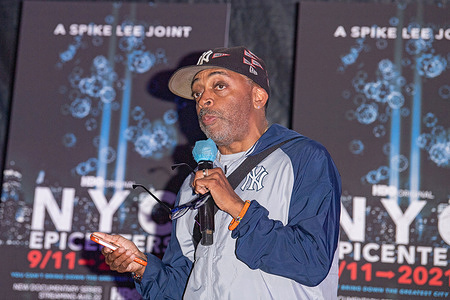 Spike Lee speaks at a special screening of "NYC Epicenters 9/11➔2021½" at Rockefeller Park in downtown Manhattan, New York City.