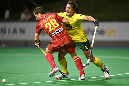 Gerard Clapés (L) of Spain Men's National field hockey team and Tom Craig (R) of Australia National Men's field hockey team in action during the 2022/23 International Hockey Federation (FIH) Men's Pro-League match between Australia and Spain held at the Tasmanian Hockey Centre in Hobart. Final score Spain 4:2 Australia.