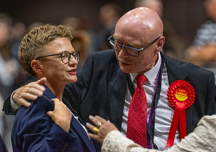 Labour's Bev Craig gets a hug from a supporter at Co-op Live arena following the Greater Manchester mayoral election. Voters across the ten boroughs cast their ballots yesterday to choose a successor to Andy Burnham, with the official count beginning early this morning ahead of the final results announcement at Co-OP Live arena.
