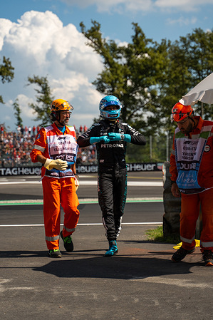 Mercedes-AMG PETRONAS F1 Team's British driver George Russell seen after the car damage during free practice one for the Formula 1 Italian Grand Prix 2025.