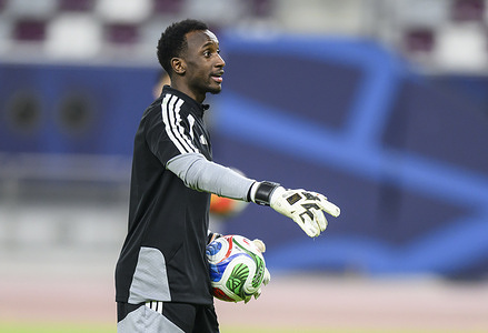 Qatar team goalkeeper Meshal Barsham reacts during the final training session at Khalifa International Stadium. as the Qatar national football team completes final home preparations for the FIFA World Cup 2026, with friendlies against Ireland and El Salvador ahead.