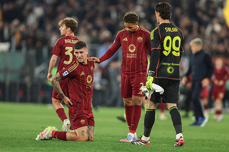 Gianluca Mancini, Devyne Rensch and Mile Svilar of Roma seen during Italian football championship Serie A Enilive 2024-2025 derby match between SS Lazio Vs AS Roma at Stadio Olimpico. Final score SS Lazio 1 : 1 AS Roma