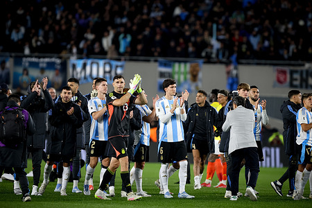 Argentina team seen during the match between Argentina and Colombia as part of 2026 FIFA World Cup Qualifiers at Mas Monumental Stadium. Final score: Argentina 1 - 1 Colombia.
