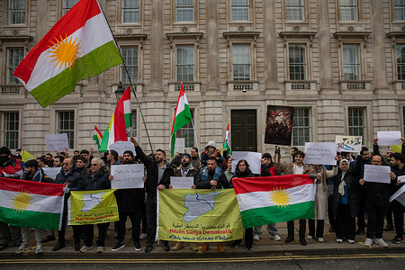 Members of the British Kurdish community hold a demonstration in London. After violence erupted in northern and eastern Syria, several hundred British Kurds demonstrated in London, demanding an end to the conflict, civilian protection, and respect for international law.