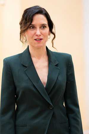 The President of the Community of Madrid, Isabel Díaz Ayuso receives the President of the University of Florida, Jeanette M. Nunez (not in view) at the Royal Post Office.