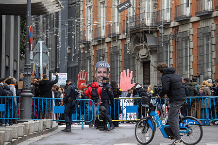 A giant cardboard cutout of Carlos Mazón, the acting president of the Valencian Community, is seen during the demonstration. A demonstration is staged in front of Congress, of relatives and victims of the DANA (Isolated Depression at High Levels) that hit Valencia on October 29, 2024, while Carlos Mazón, acting president of the Valencian Community, appeared this morning before the Congress's investigative committee on the DANA.