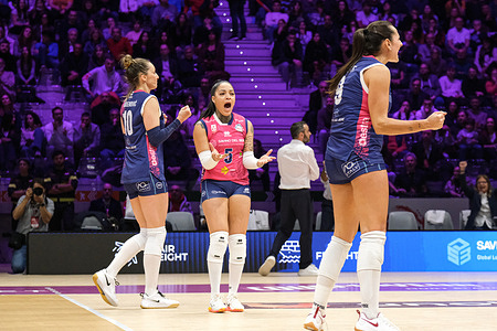 Brenda Castillo of Savino Del Bene Volley Scandicci (C) celebrates victory during the Coppa Italia Frecciarossa 2026 semi-final between Savino Del Bene Volley Scandicci and Reale Mutua Fenera Chieri at Inalpi Arena. Savino Del Bene Scandicci 3 : 2 Reale Mutua Fenera Chieri