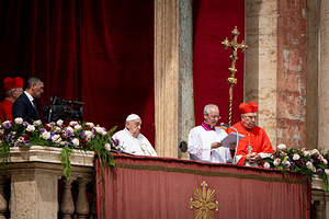 Vatican City, Vatican - 20/04/2025 12:08:07: Pope Francis delivers his traditional ‘Urbi et Orbi’ Blessing from the balcony of St. Peter's basilica overlooking St. Peter's Square in Vatican City.