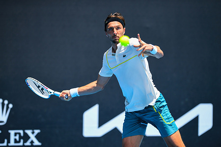 Arthur Rinderknech of France plays against Pavel Kotov of Russia during the Round 1 match of the Australian Open Tennis Tournament at Melbourne Park. Final score; Pavel Kotov 3:2 Arthur Rinderknech.