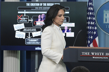 US National Intelligence Director Tulsi Gabbard speaks about Obama leading 'Russiagate Hoax during a press briefing at Brady Room/White Hoiuse in Washington DC, USA.