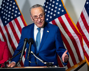 Senate Majority Leader Chuck Schumer (D-NY) speaks at a press conference of the Democratic Senate caucus.