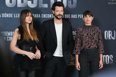 (L-R) China Suarez, Alvaro Morte and Veronica Echegui attend the 'Objetos' photocall at Paz Cinema in Madrid.