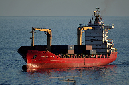The container ship Atlantic Geneva arrives at the French Mediterranean port of Marseille.