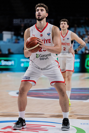 Alperen Sengun of Turkey is seen in action during the final phase of the FIBA EuroBasket 2025 between Turkey and Poland at Arena Riga. Final score; Turkey 91: 77 Poland.