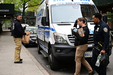 NYPD Crime Scene Unit investigators work at the scene where a 12-year-old girl was raped inside an apartment building within the confines of the 46 precinct in the vicinity of West 174 Street. On Monday, April 27, 2026 at approximately 3:05 AM FDNY EMS and NYPD police responded to the location for a reported rape of an underage girl. The victim was transported to New York Presbyterian Hospital and was listed in stable condition. Several pieces of evidence were recovered from the scene on Tuesday as investigators spent several hours investigating. A person of interest was taken into custody and the investigation remains ongoing and active.
