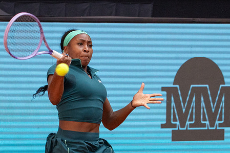 Coco Gauff, from the United States plays against French tennis player Leolia Jeanjean (not in view) during the Mutua Madrid Open tennis tournament. Victory of Coco Gauff 3-6, 0-6