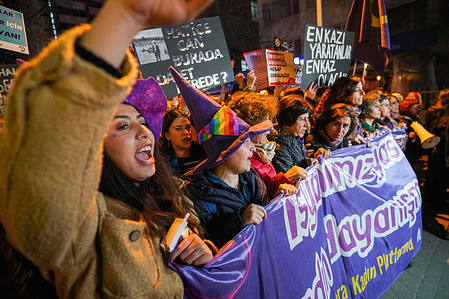 Women shouts slogans during the protest. Women in many cities of Turkey took part in a demonstration on the International Day of Elimination of Violence against Women held at Sakarya Square.