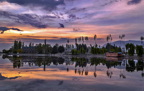 A general view of the famous Dal lake during sunset in Srinagar, Indian administered Kashmir.