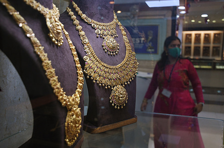Gold necklace seen on display inside a showcase at a jewellery store ahead of Dhanteras celebration.
Dhanteras is the first day of the Diwali festival. Hindus shop for gold and silver on this day as it is considered to be auspicious.
