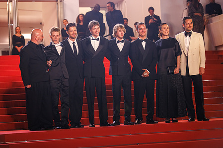 (L-R) Angelo Tijssens, Valentin Campagne, Lukas Dhont, Emmanuel Macchia, Jef Jacobs, Willem De Schryver, Juliette Schrameck and Michiel Dhont attend the red carpet of "Coward" at the 79th Cannes Film Festival.