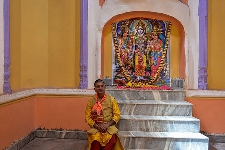 A Hindu priest seen at the Raghunath Temple on the occasion of the Hindu festival Ramnavami after a gap of nearly 36 years, in Srinagar, the summer capital of Jammu and Kashmir.